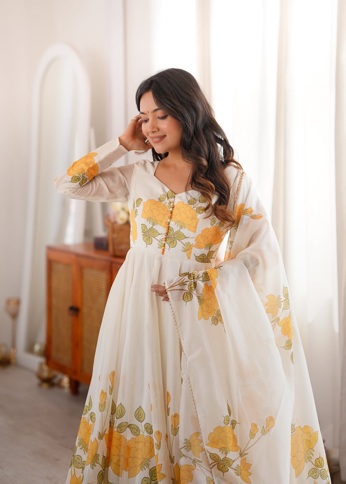 Premium Organza Silk Floral Printed Anarkali Suit Set with Potli Design & Gota Patti Dupatta