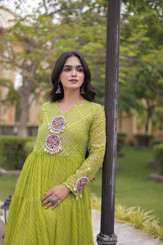 Premium Faux Georgette Navratri Gown with Laheriya Print & Kutchi Patchwork