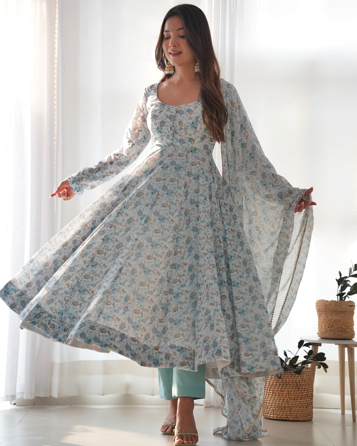 Premium Orange Chiffon Floral Print Anarkali Suit with Potli Buttons, Padded Design & Lace Dupatta