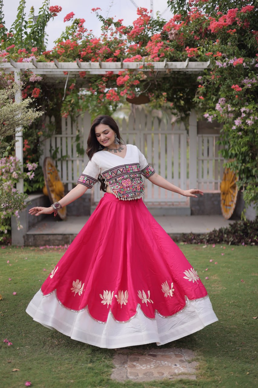 Premium Roman Fabric Navratri Lehenga Choli with Gota & Mirror Work