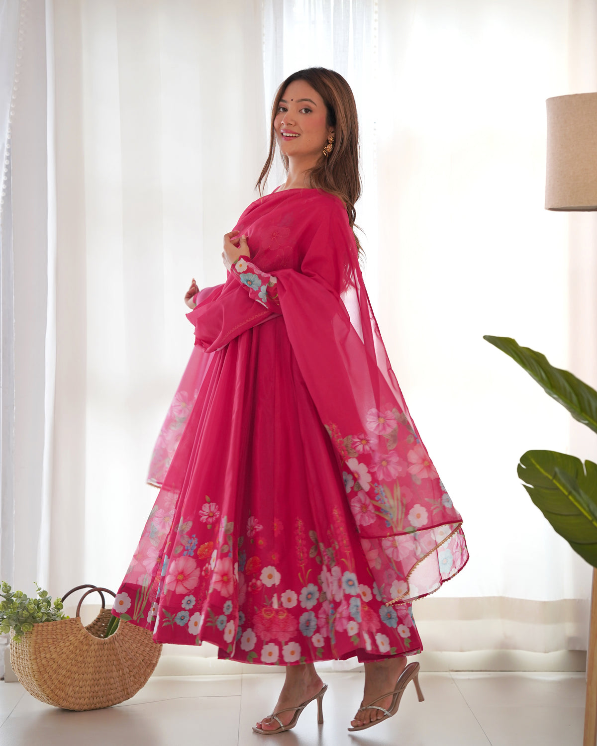 Premium Organza Silk Printed Anarkali Suit Set with Badla Jari & Gota Patti Work