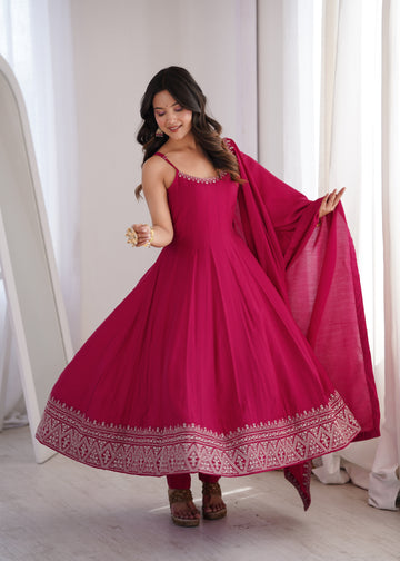 Premium Pure Romansilk Chanderi Flared Anarkali Gown Set