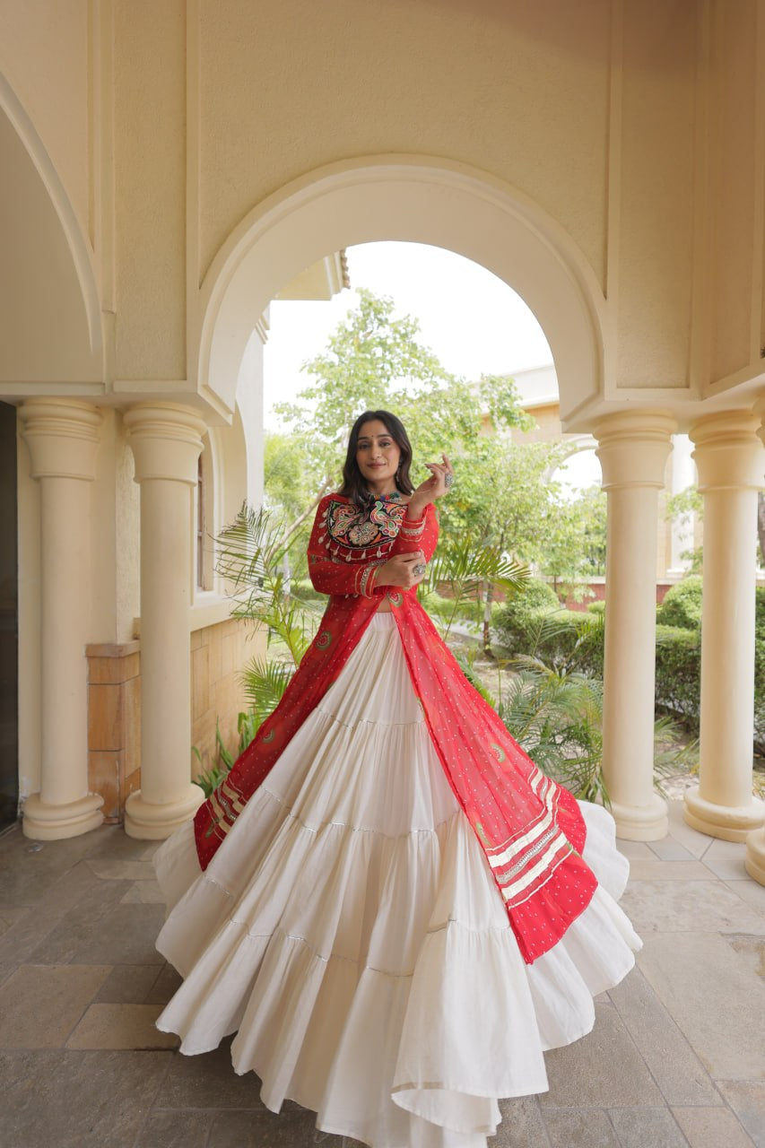 Premium Kora Cotton Navratri Lehenga with Bandhani Print & Kutchi Patchwork Kurti