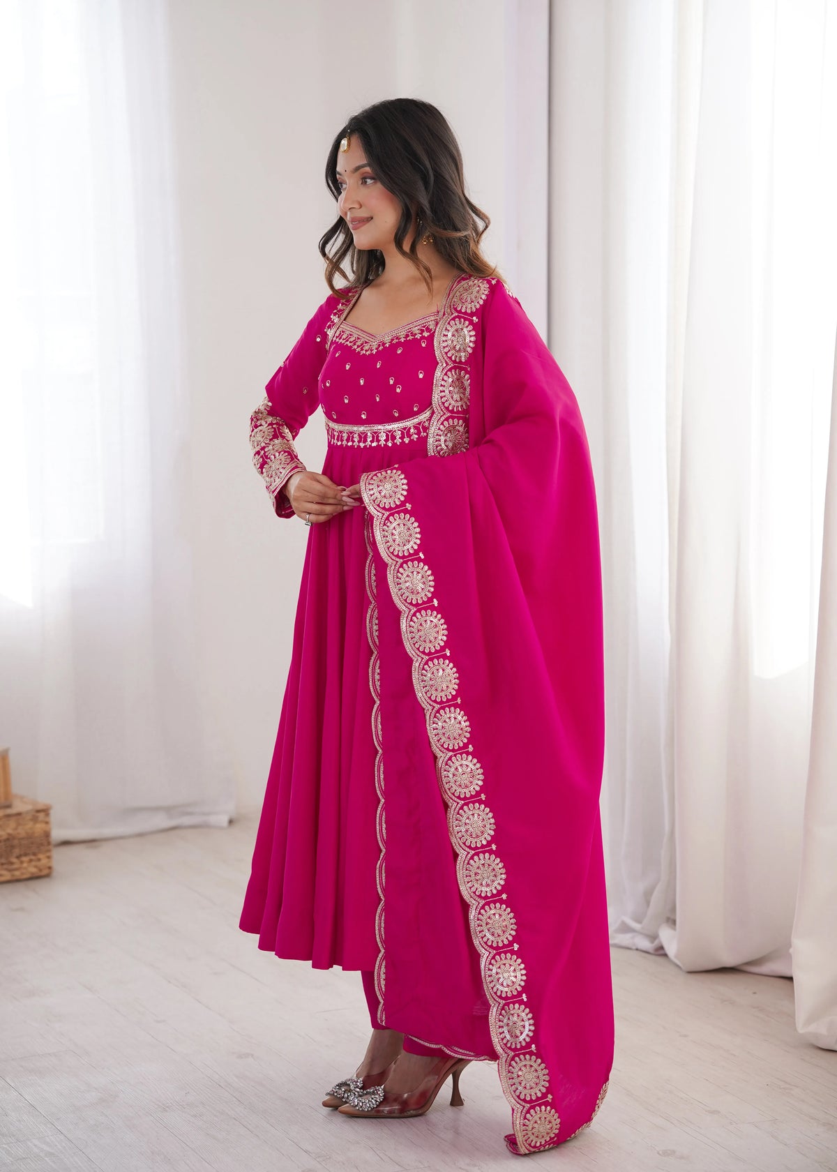 Premium Roman Silk Anarkali Gown with Embroidery & Sequin Work