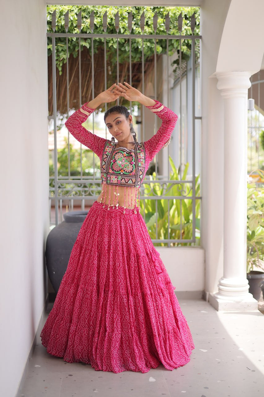Premium Faux Georgette Bandhani Print Navratri Lehenga Choli with Kutchi Patchwork
