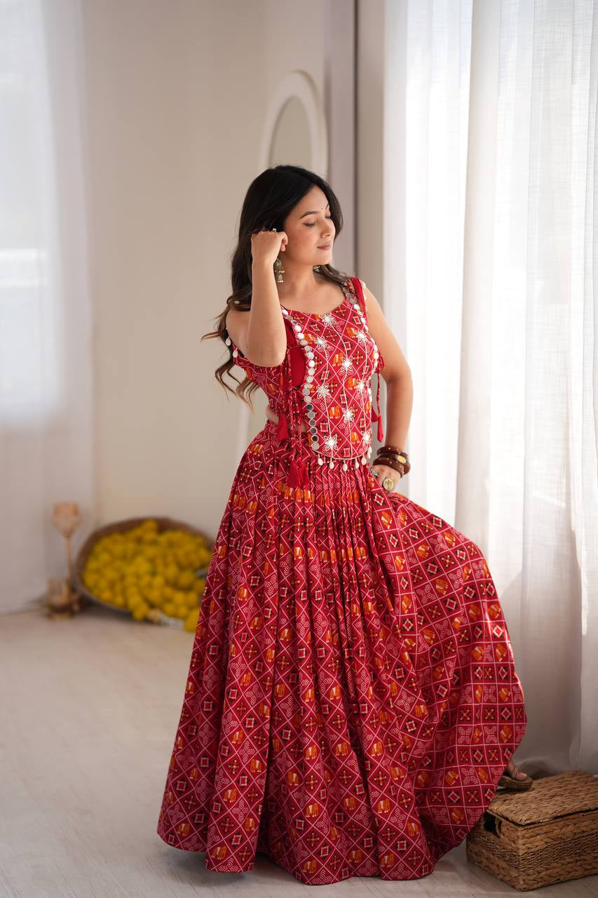 Premium Heavy Rayon Digital Print Lehenga Choli with Embroidered Mirror Work Koti
