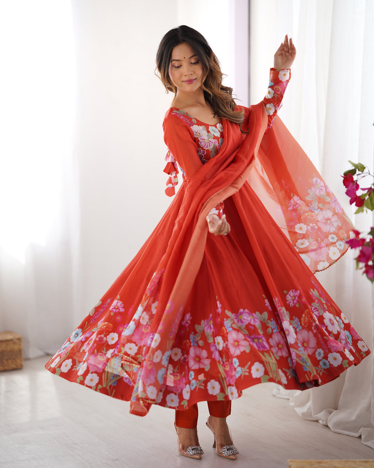 Premium Organza Silk Printed Anarkali Suit Set with Badla Jari & Gota Patti Work