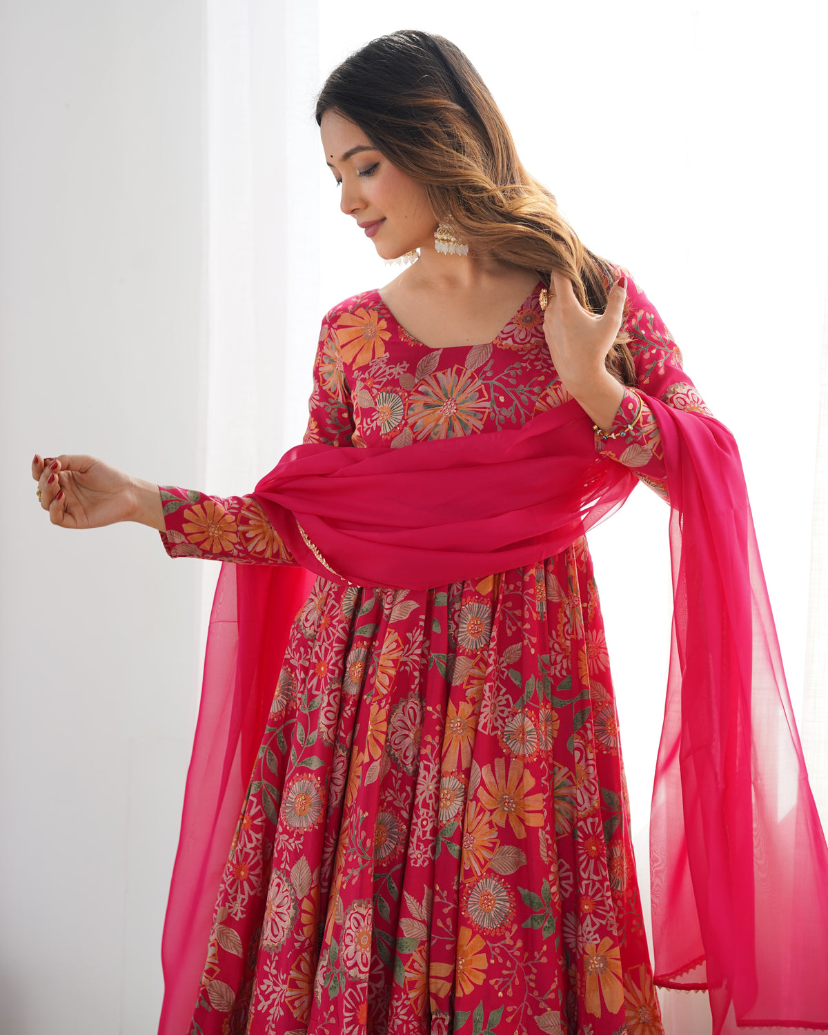 Premium Roman Silk Chanderi Discharge Print Kediya Kurta Set with Organza Dupatta & Palazzo