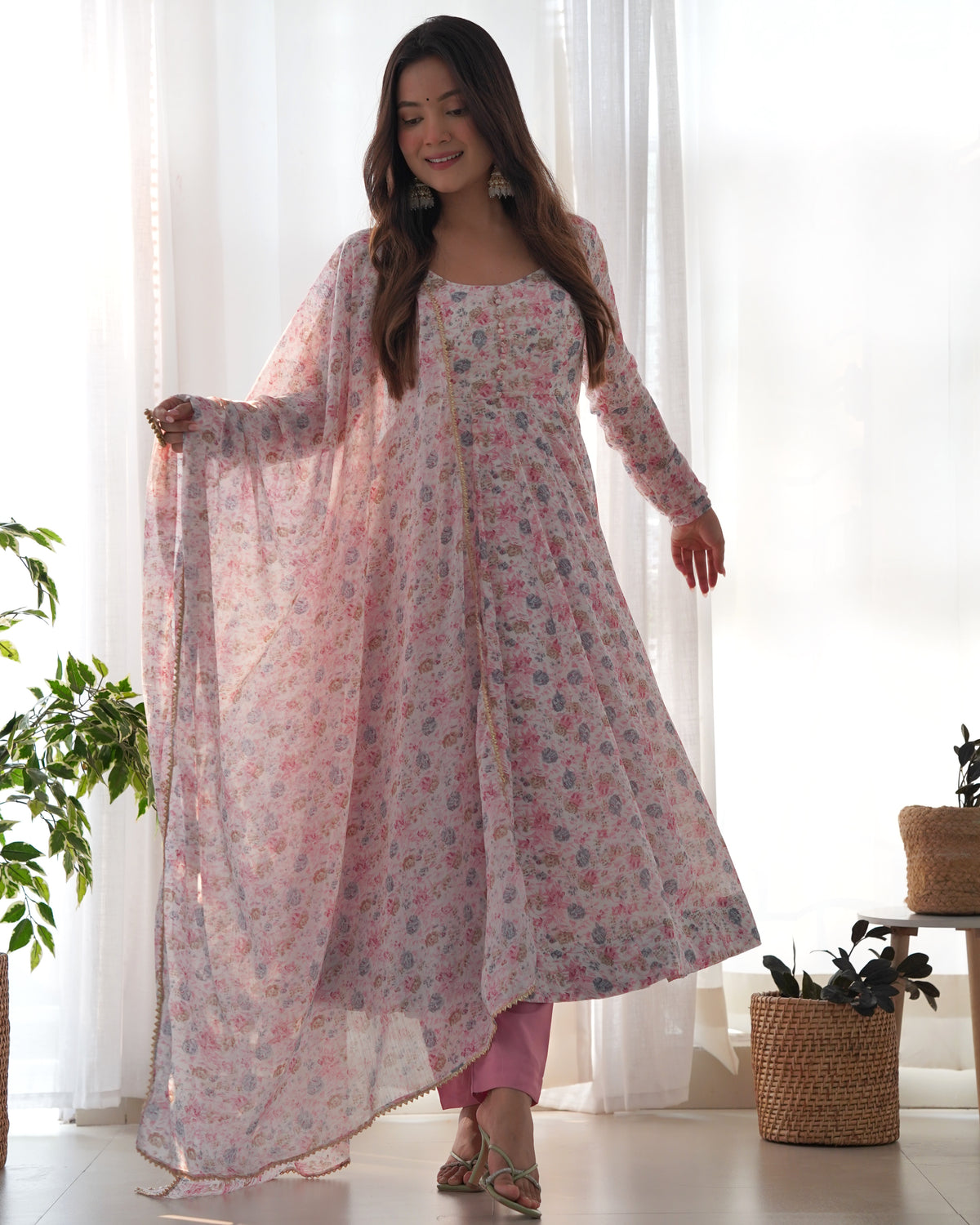 Premium Orange Chiffon Floral Print Anarkali Suit with Potli Buttons, Padded Design & Lace Dupatta