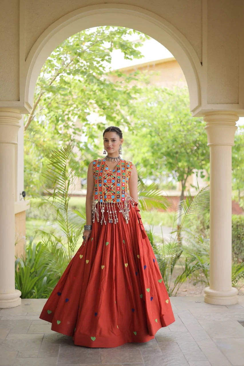 Premium Cora Cotton Navratri Lehenga Choli with Heart Thread Embroidery & Gamthi Mirror Work