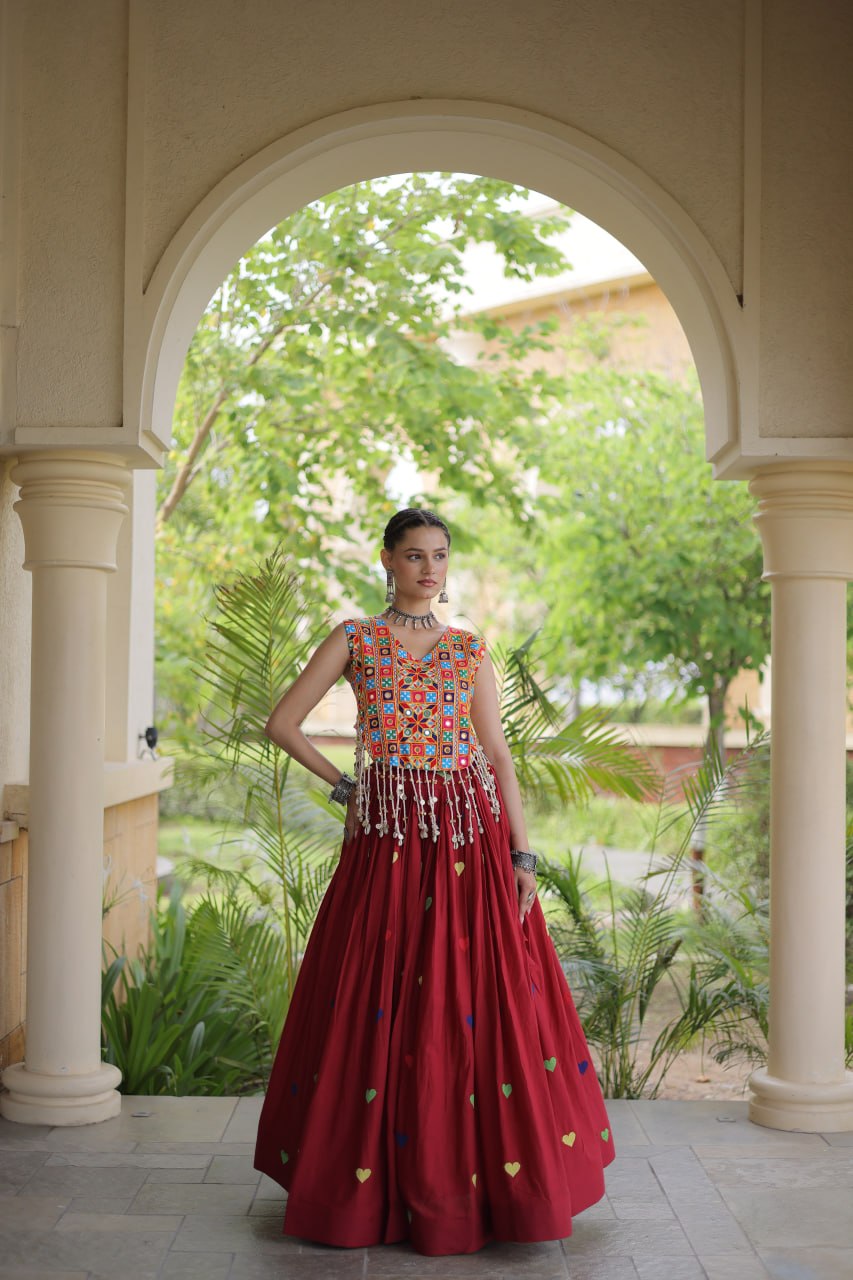 Premium Cora Cotton Navratri Lehenga Choli with Heart Thread Embroidery & Gamthi Mirror Work