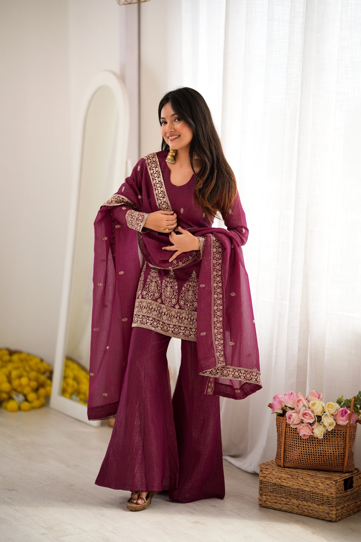 Premium Crunchy Silk Top & Bell Bottom Pant Set with Embroidery, Sequin & Jari Work