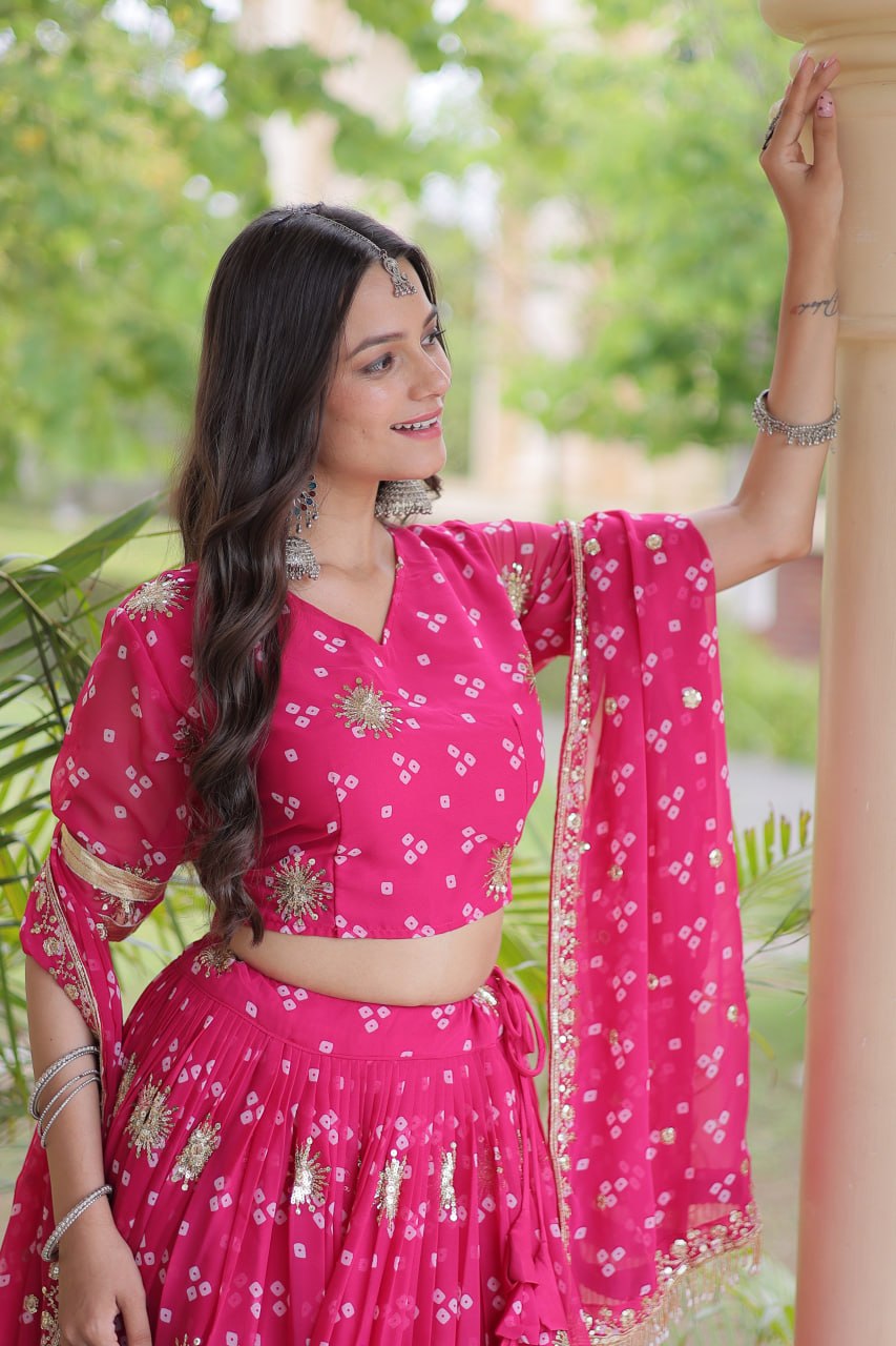 Premium Faux Georgette Bandhej Print Lehenga Choli with Embroidery & Dupatta