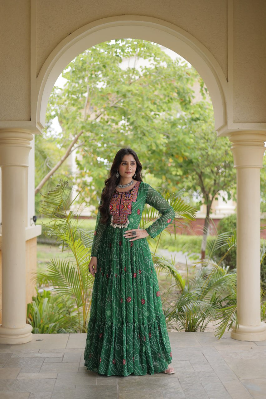 Premium Faux Georgette Navratri Gown with Bandhani Print & Kutchi Patchwork