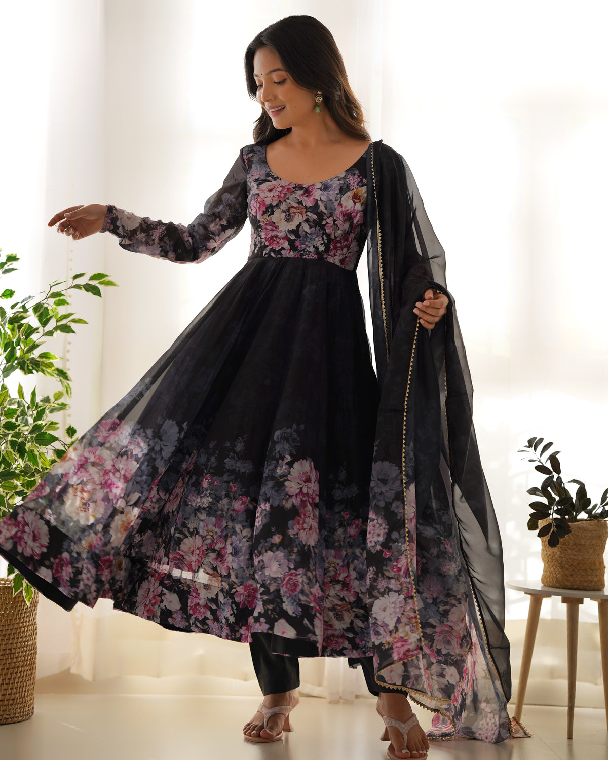 Premium Organza Silk Printed Anarkali Gown with Kali Flare, Canvas Patta & Gota Patti Dupatta