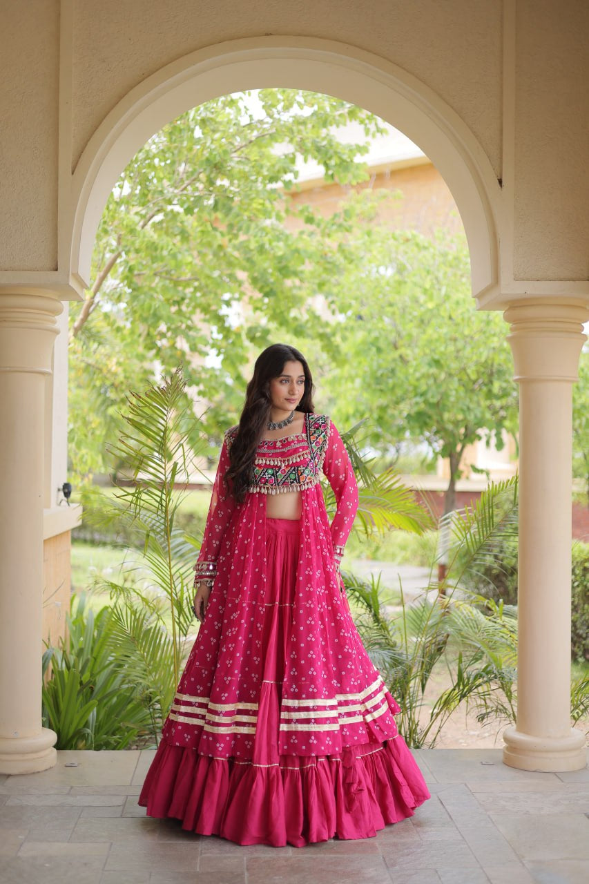 Premium Kora Cotton Navratri Lehenga with Bandhani Print & Kutchi Patchwork Kurti