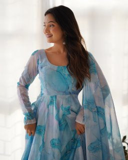 Premium Organza Silk Marble Print Anarkali Gown with Kali Flare, Canvas Patta & Gota Patti Dupatta