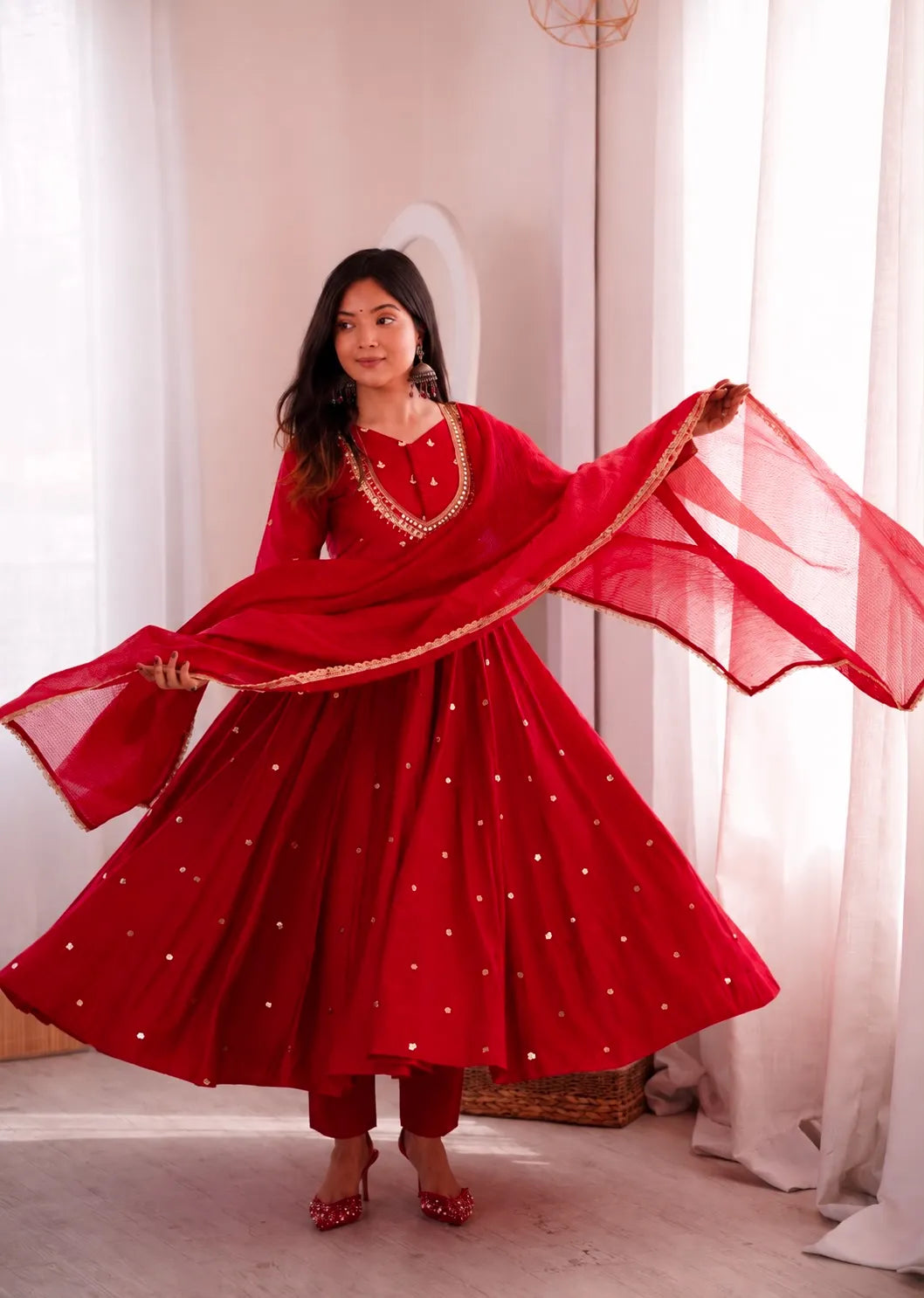 Premium Roman Silk Anarkali Gown with Embroidery, Sequin & Real Mirror Work