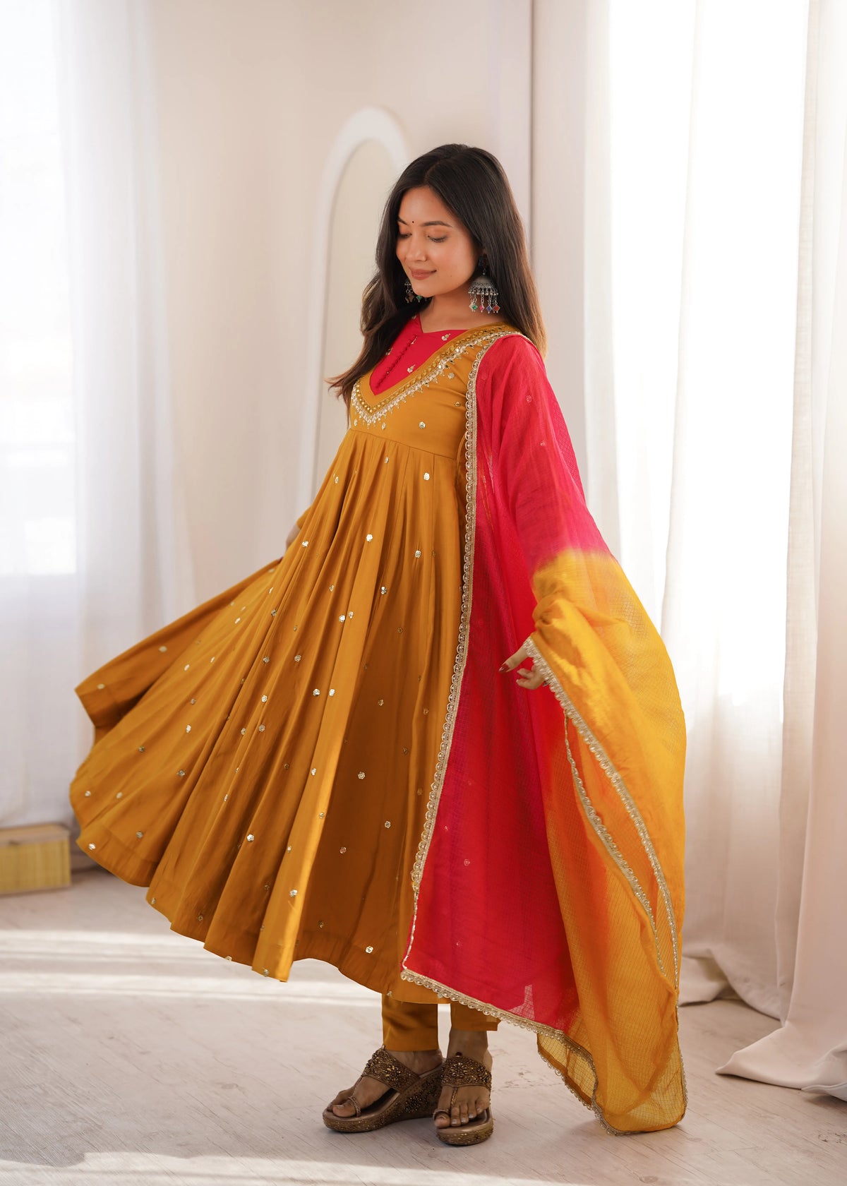 Premium Roman Silk Anarkali Gown with Embroidery, Sequin & Real Mirror Work