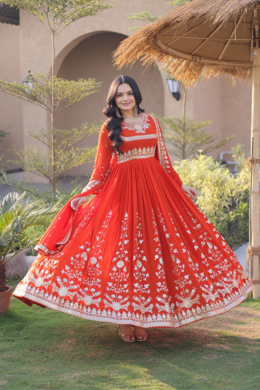 Premium Faux Blooming Georgette Embroidered Gown with Dupatta