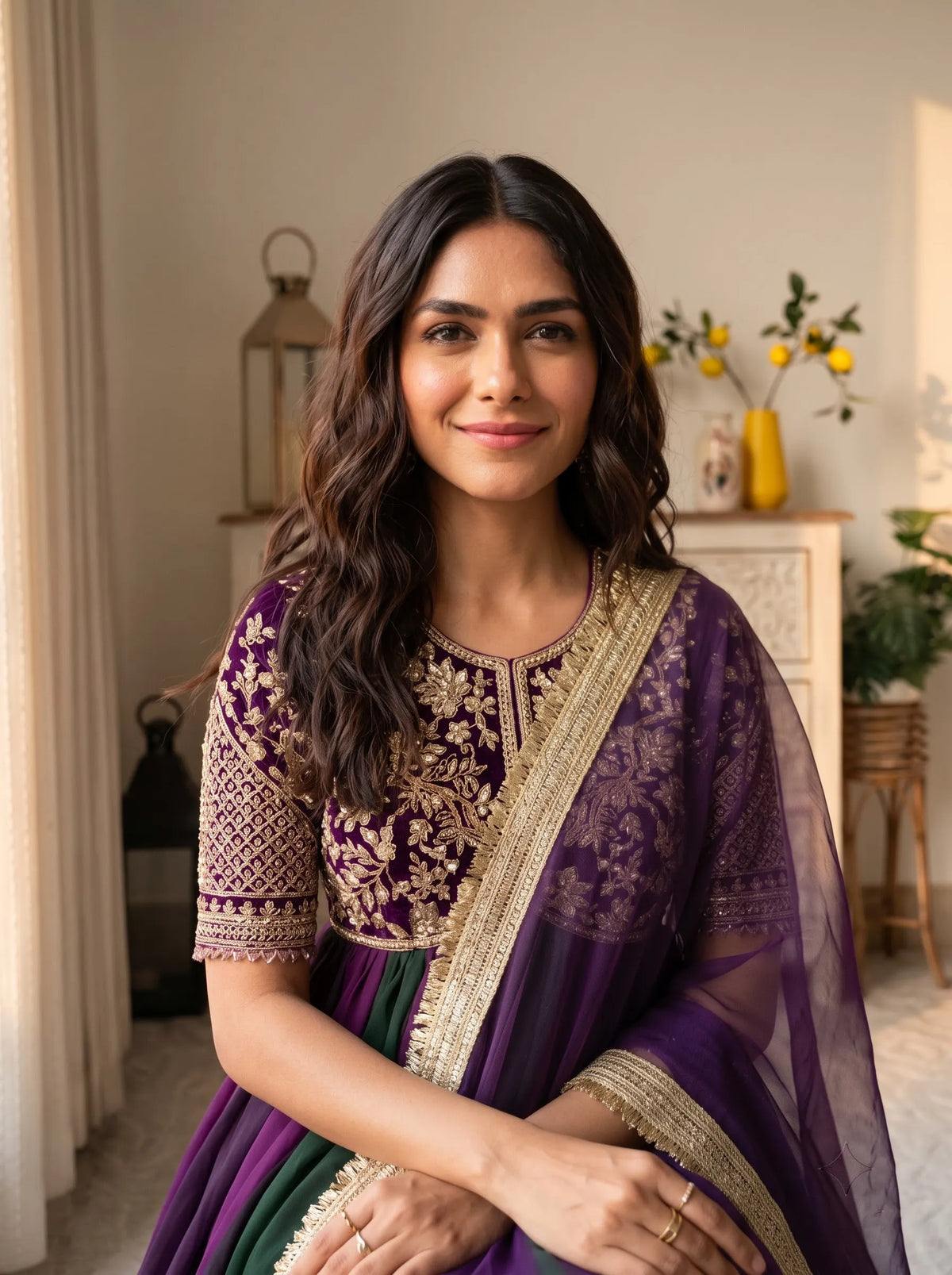 Premium NC Moss Silk Gown with Embroidery, Beads & Tassel Sleeves
