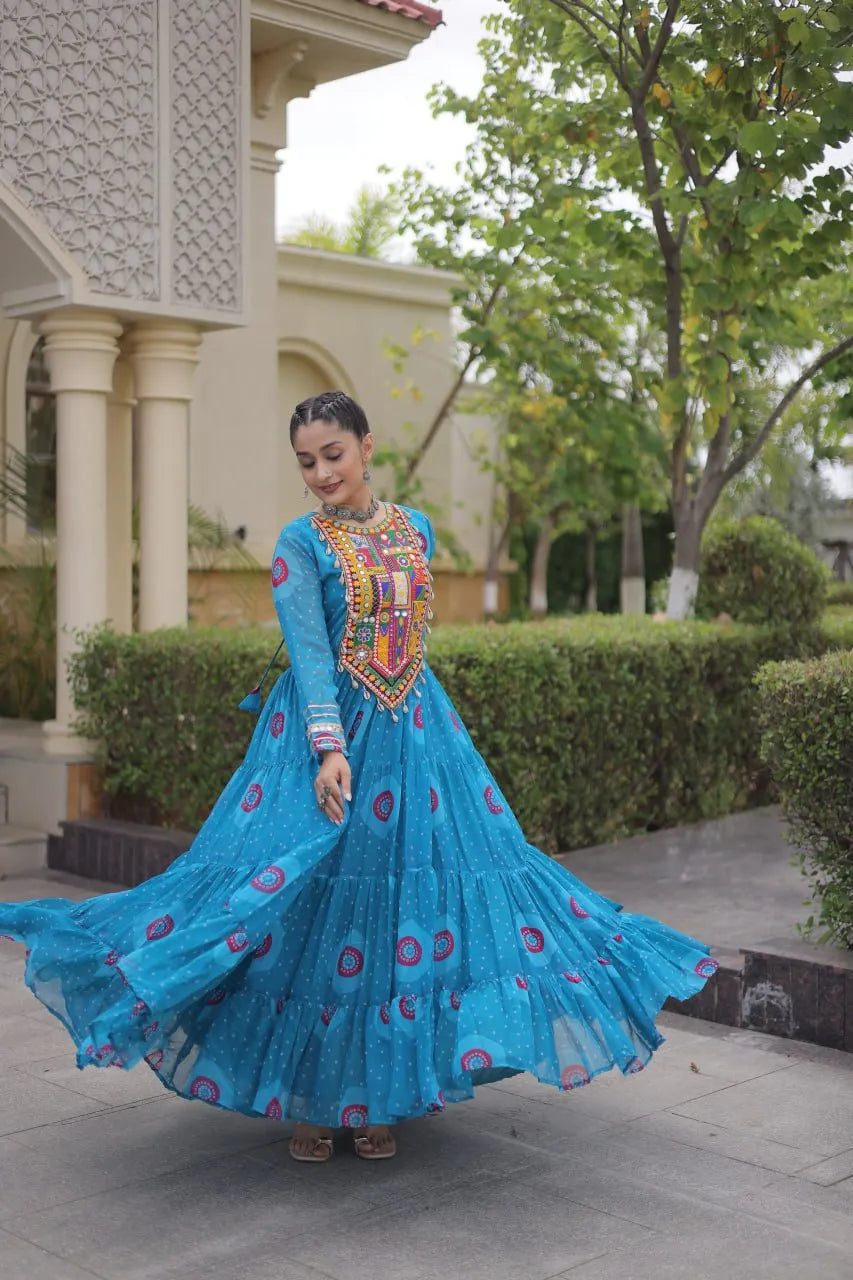 Premium Faux Georgette Navratri Gown with Bandhani Print & Kutchi Patchwork