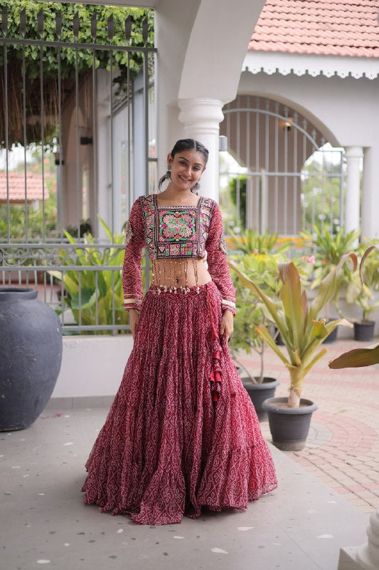 Premium Faux Georgette Bandhani Print Navratri Lehenga Choli with Kutchi Patchwork
