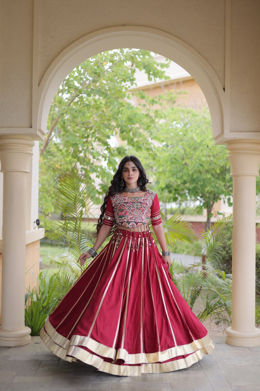 Reyon Navratri Lehenga Choli with Gota Patti Lace, Gamthi Embroidery & Real Mirror Work