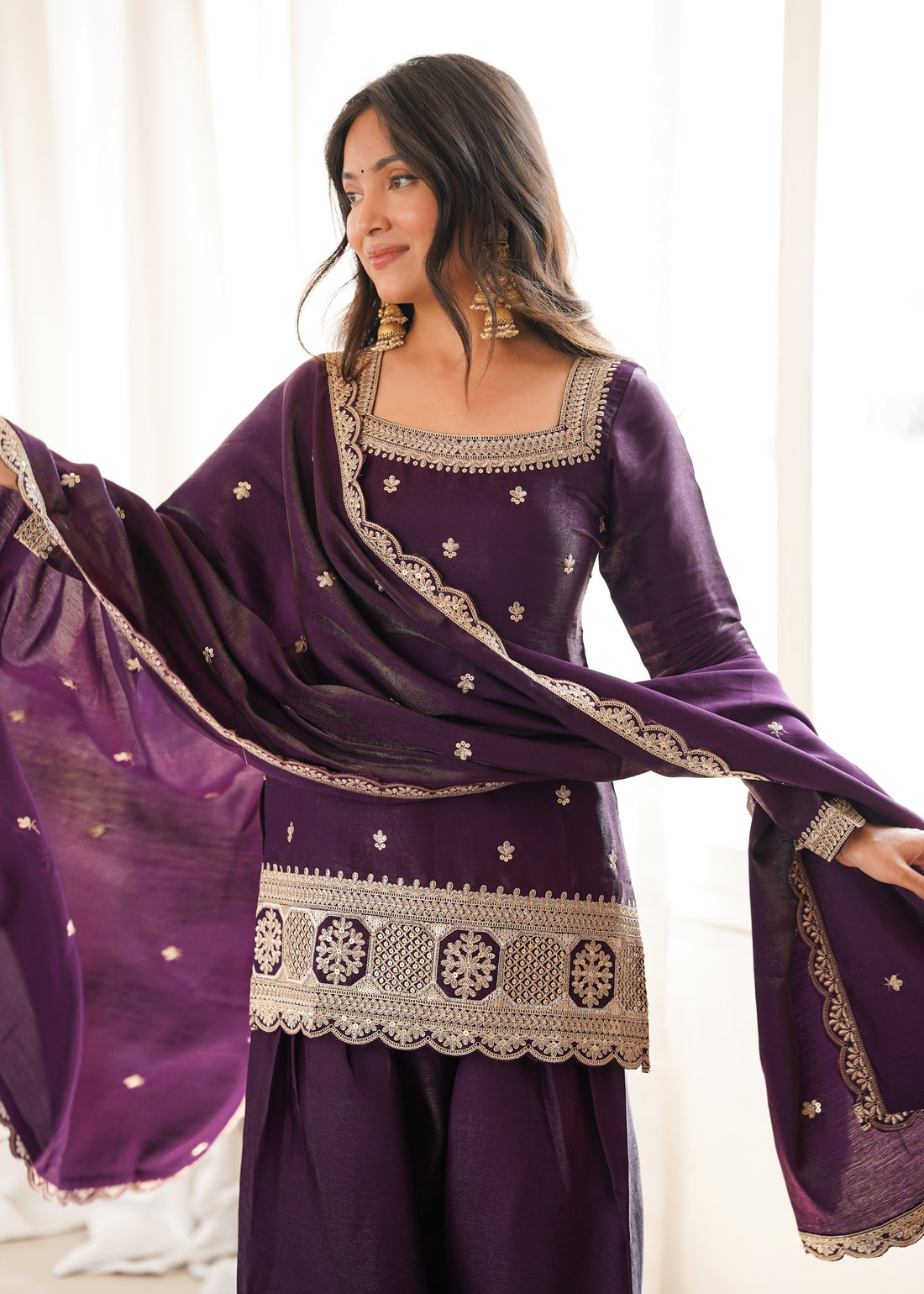 Premium Glass Roman Silk Top & Farshi Shalwar Set with Embroidery, Sequin, Dori & Jari Work