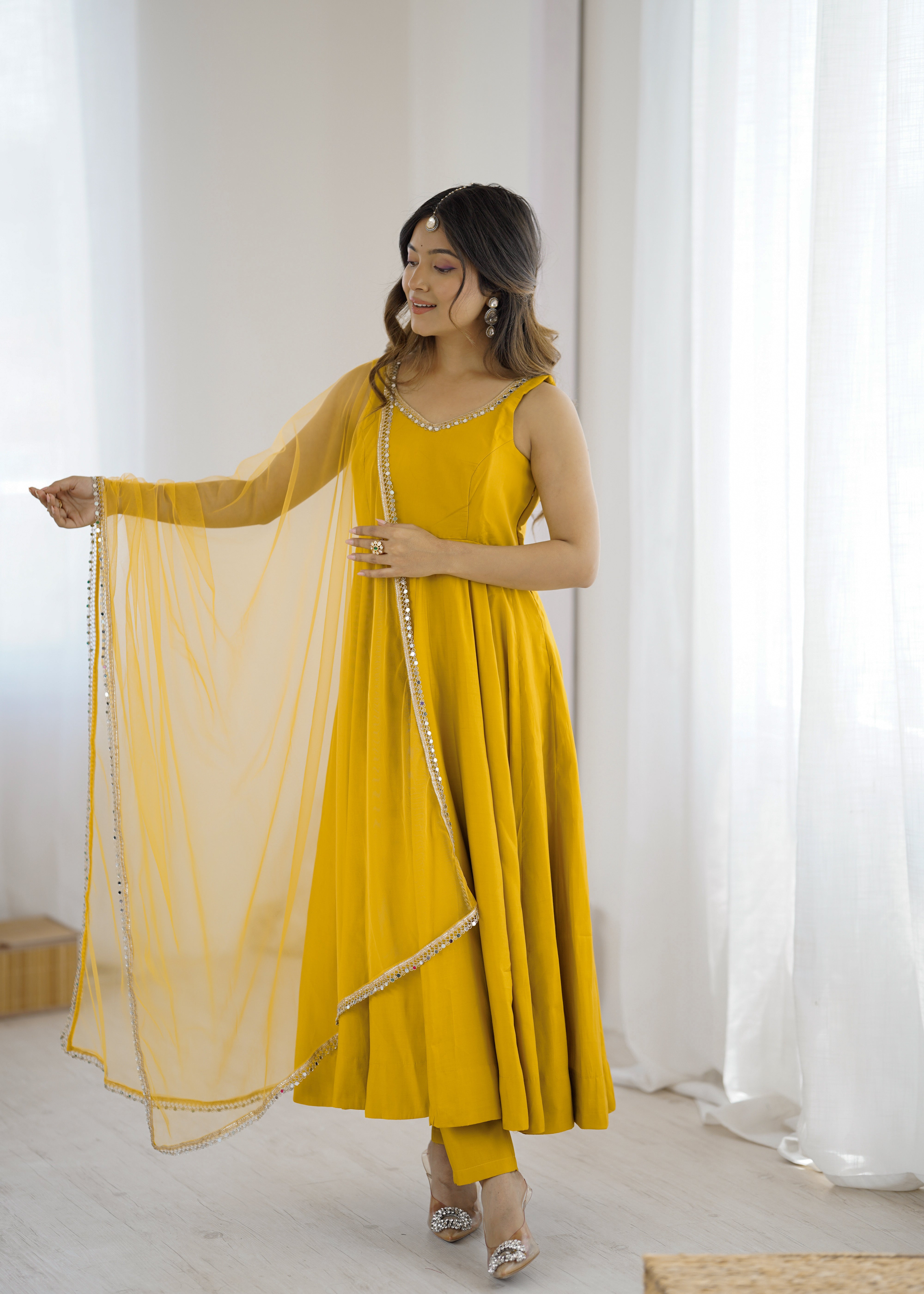 Premium Pure Romansilk Chanderi 4 Meter Flared Anarkali Gown Set