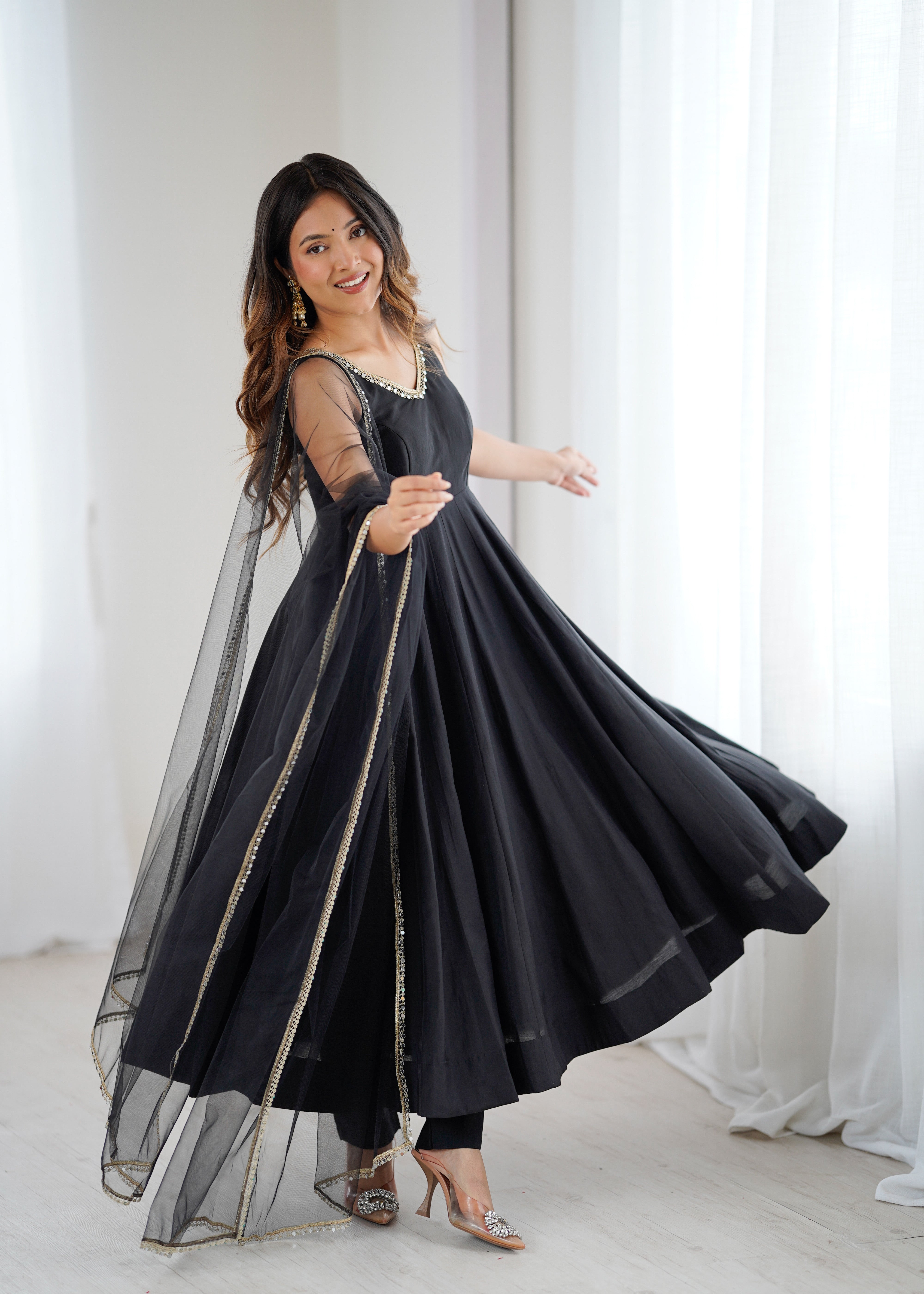 Premium Pure Romansilk Chanderi 4 Meter Flared Anarkali Gown Set