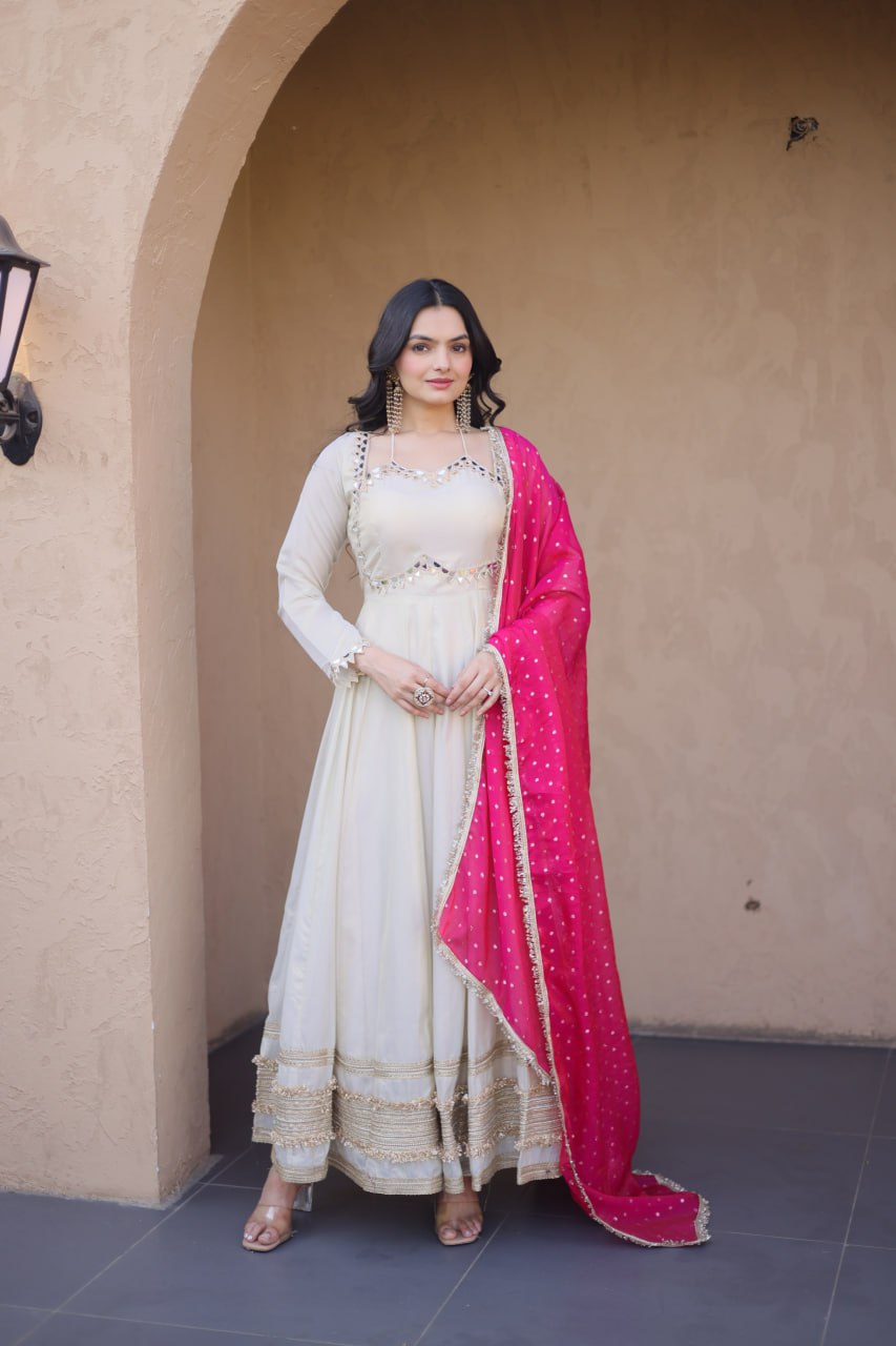 Premium Cosmos Real Mirror Work Gown with Dupatta