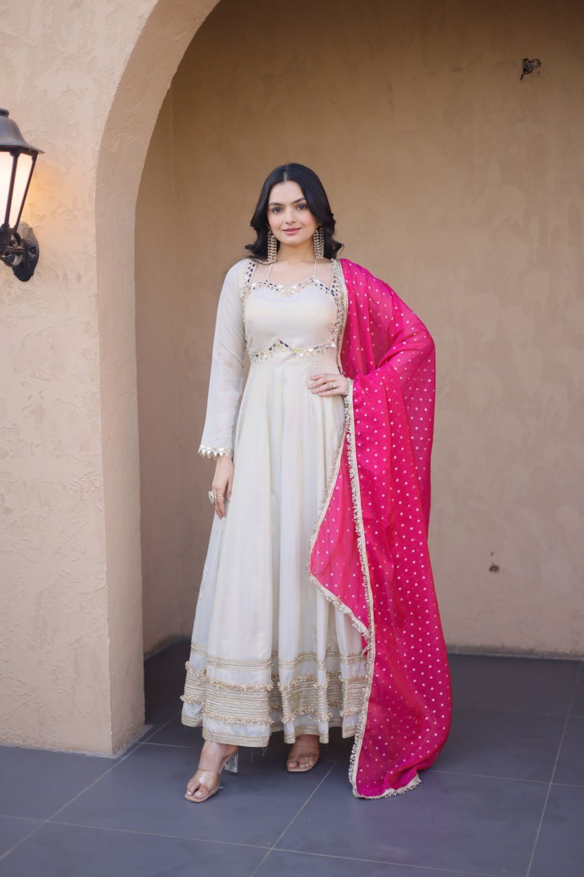 Premium Cosmos Real Mirror Work Gown with Dupatta