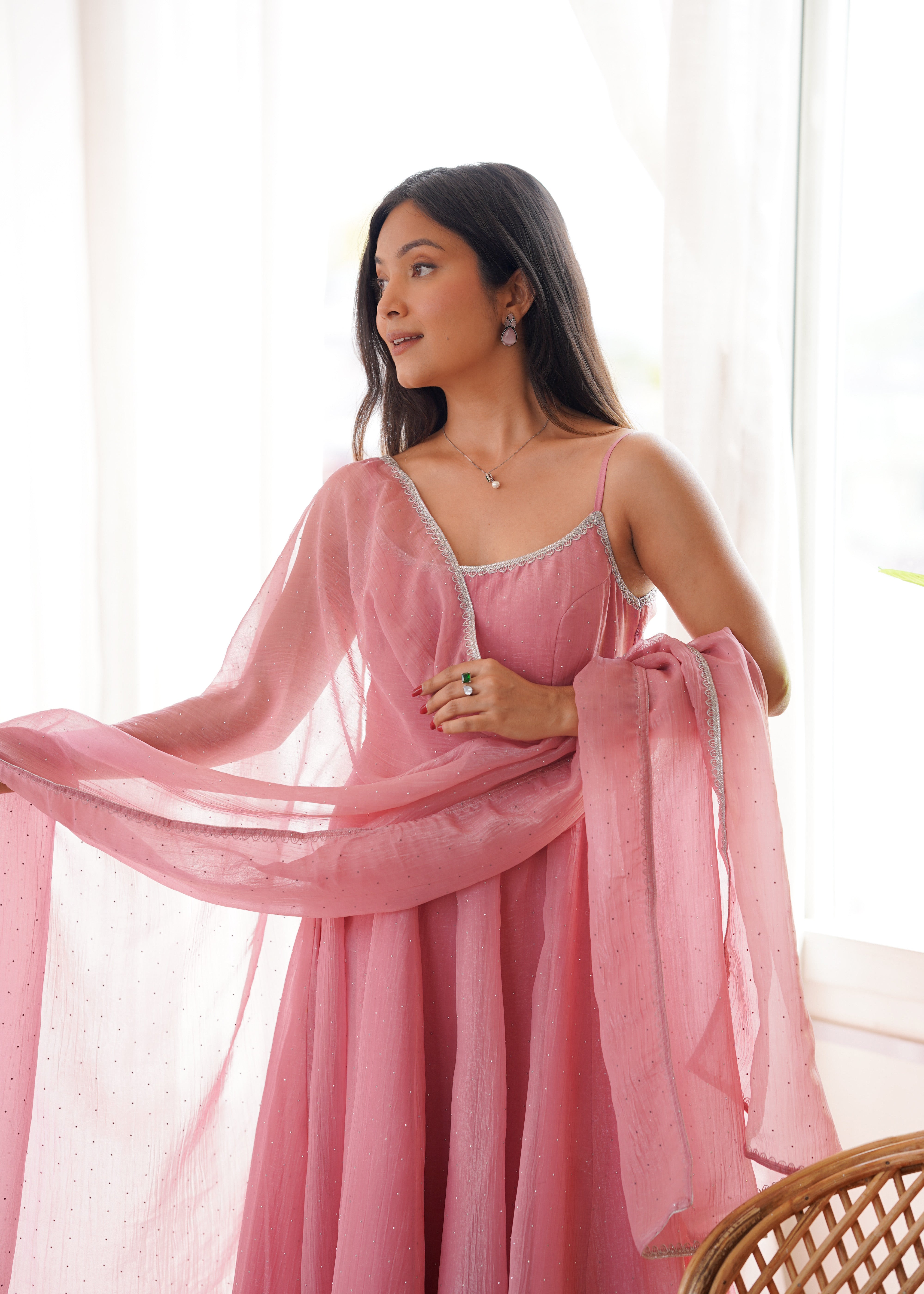 Premium Crunchy Silk Anarkali Gown Set with SiroSki Work, Dupatta & Pant