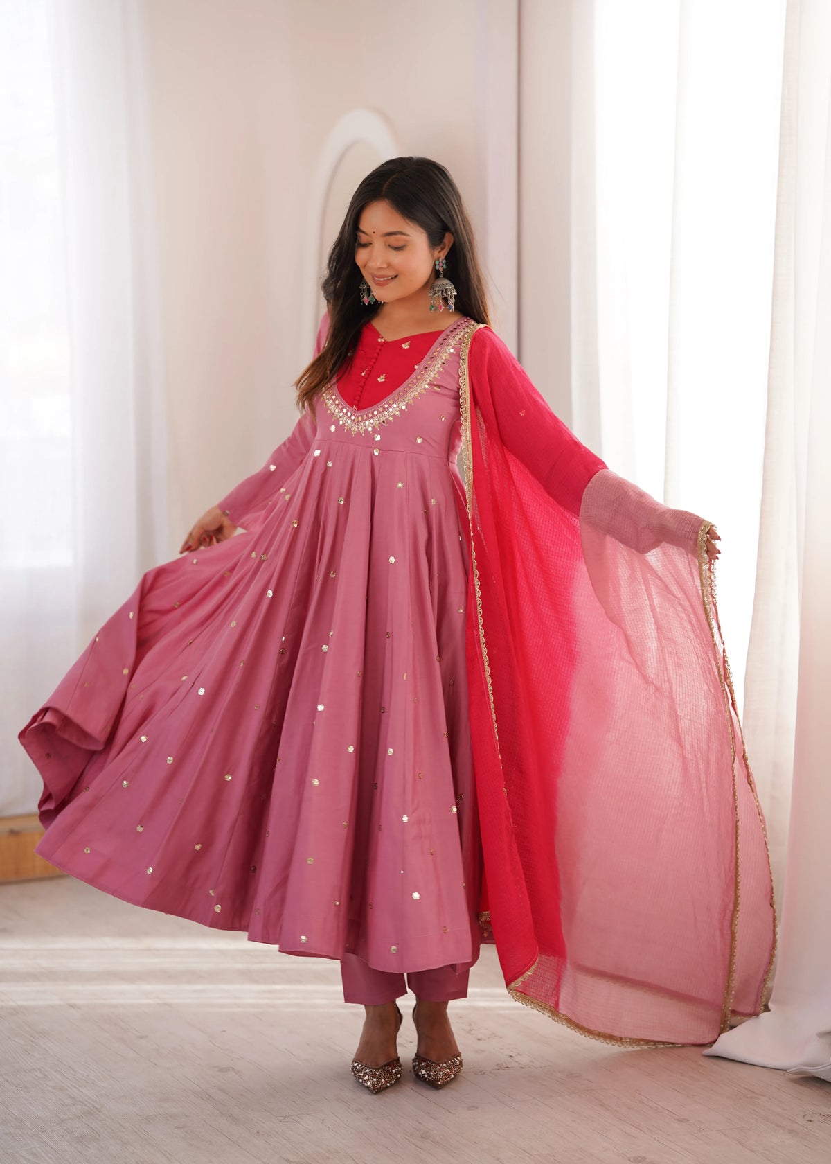 Premium Roman Silk Anarkali Gown with Embroidery, Sequin & Real Mirror Work
