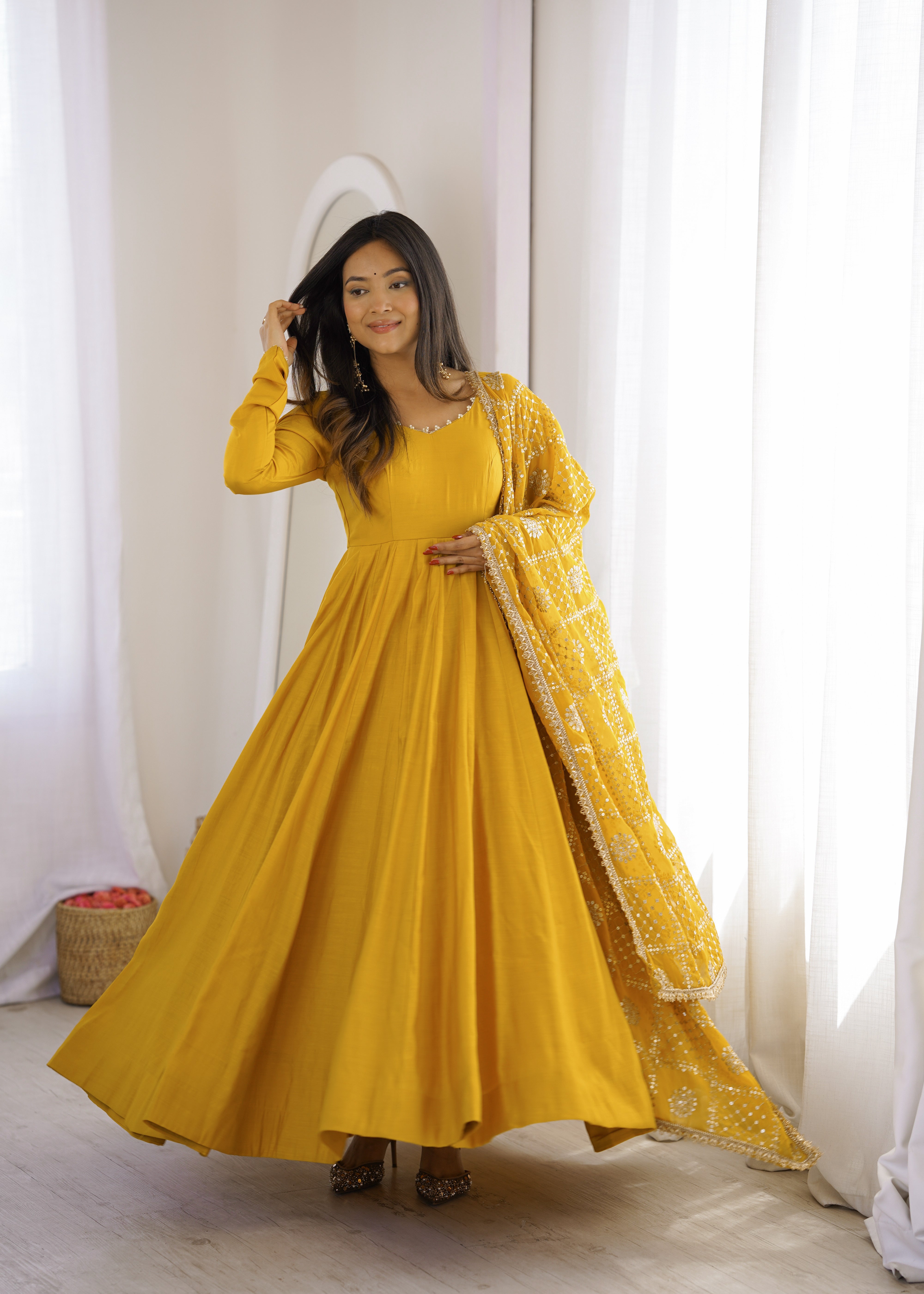 Premium Pure Romansilk Chanderi Fully Flared Anarkali Gown Set