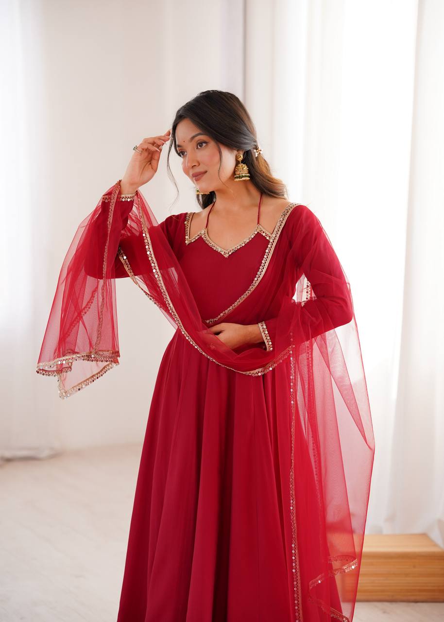 Premium Roman Silk Chanderi Anarkali Gown Set with Dupatta & Pant