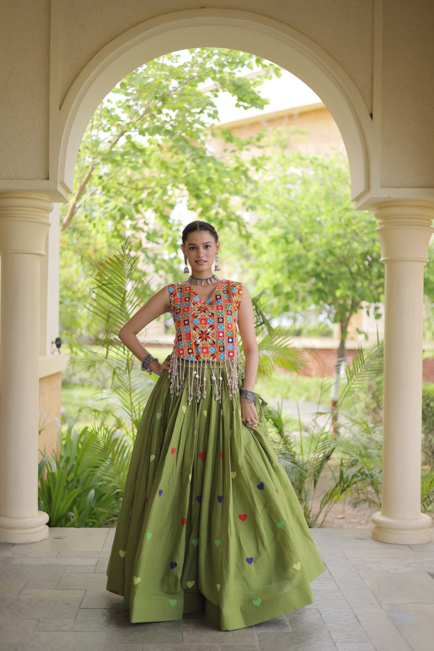 Premium Cora Cotton Navratri Lehenga Choli with Heart Thread Embroidery & Gamthi Mirror Work