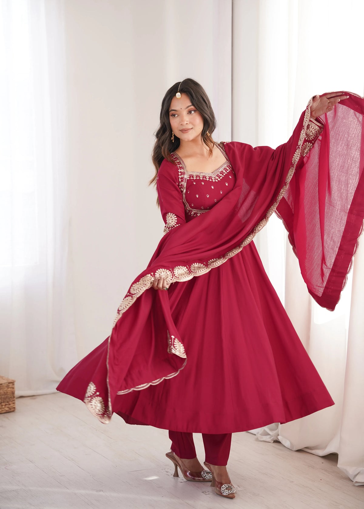 Premium Roman Silk Anarkali Gown with Embroidery & Sequin Work