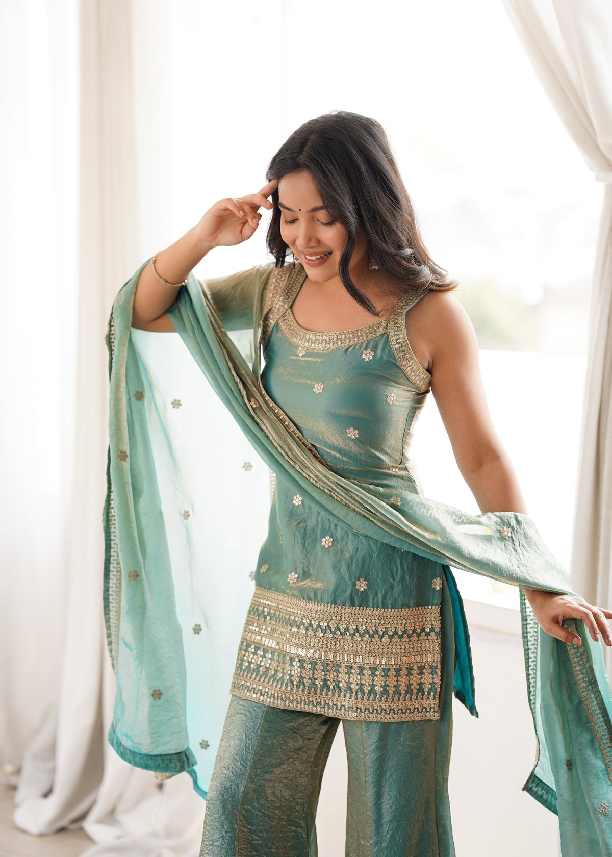 Premium Frendy Silk Embroidered Top & Bell Bottom Set with Dupatta