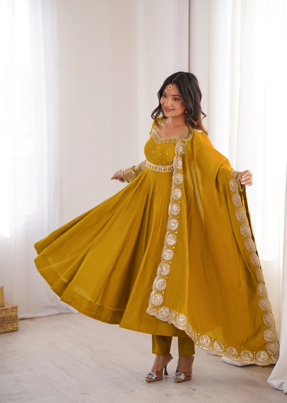 Premium Roman Silk Anarkali Gown with Embroidery & Sequin Work