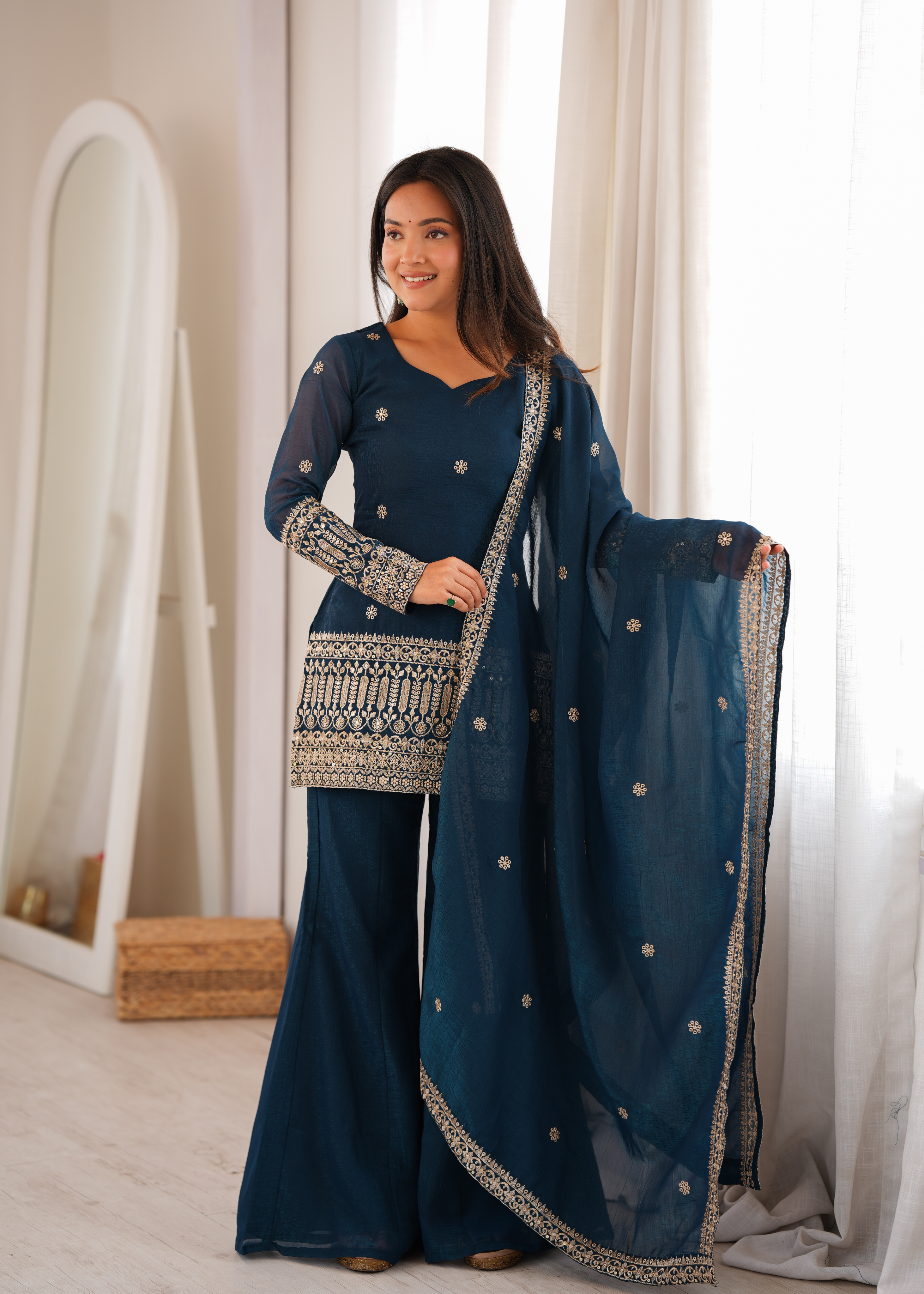 Premium Crunchy Silk Embroidered Bell Bottom Set