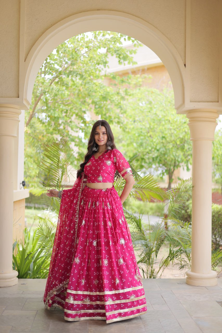 Premium Faux Georgette Bandhej Print Lehenga Choli with Embroidery & Dupatta