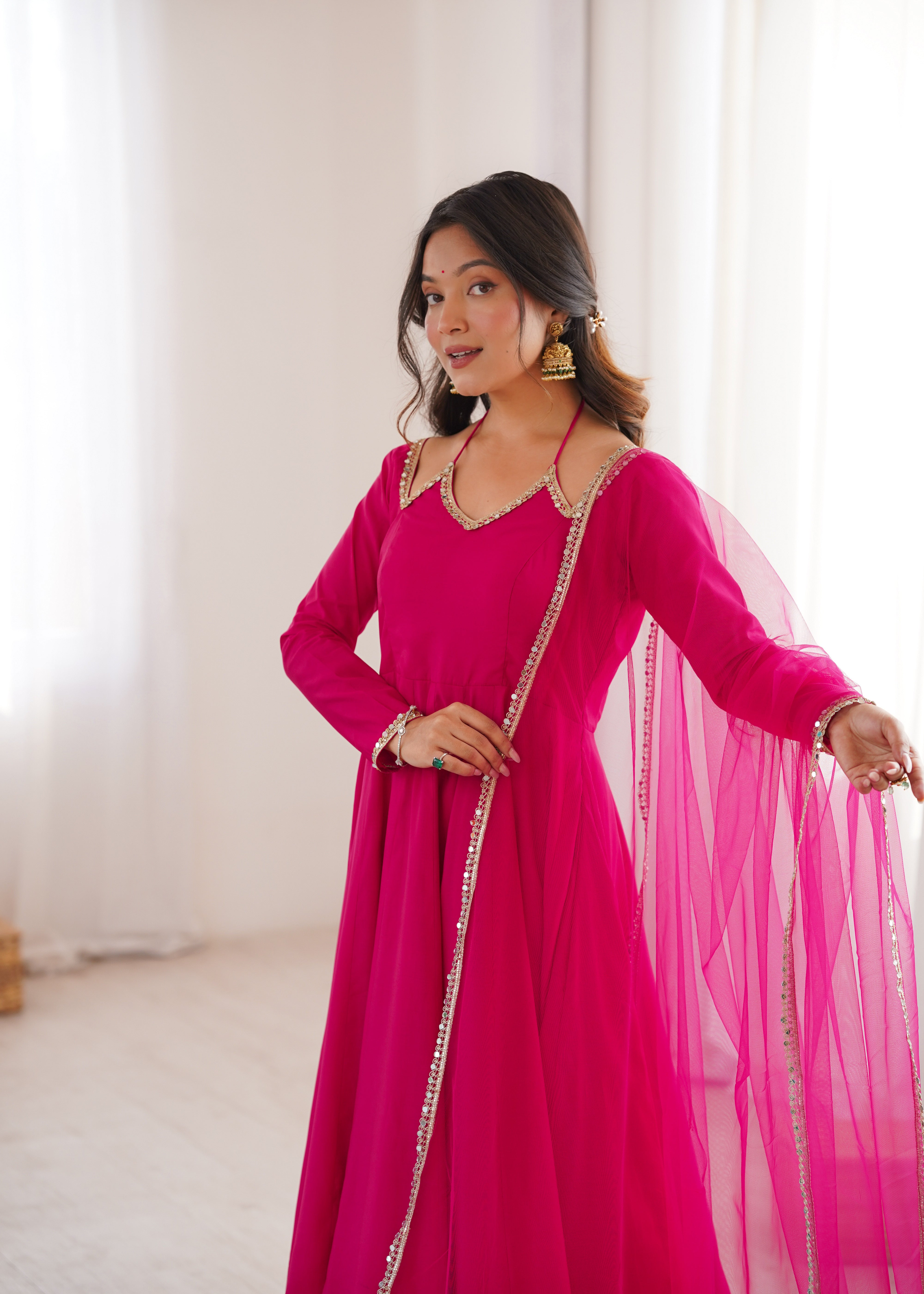 Premium Roman Silk Chanderi Anarkali Gown Set with Dupatta & Pant