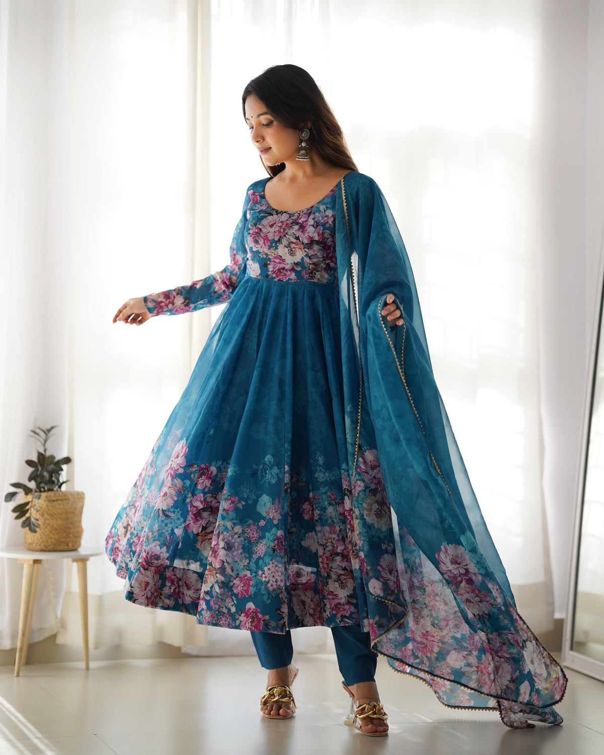 Premium Organza Silk Printed Anarkali Gown with Kali Flare, Canvas Patta & Gota Patti Dupatta