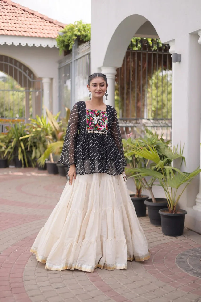 Premium Kora Cotton Navratri Lehenga Choli with Frill Stitching, Lampi Lace & Kutchi Gamthi Patchwork