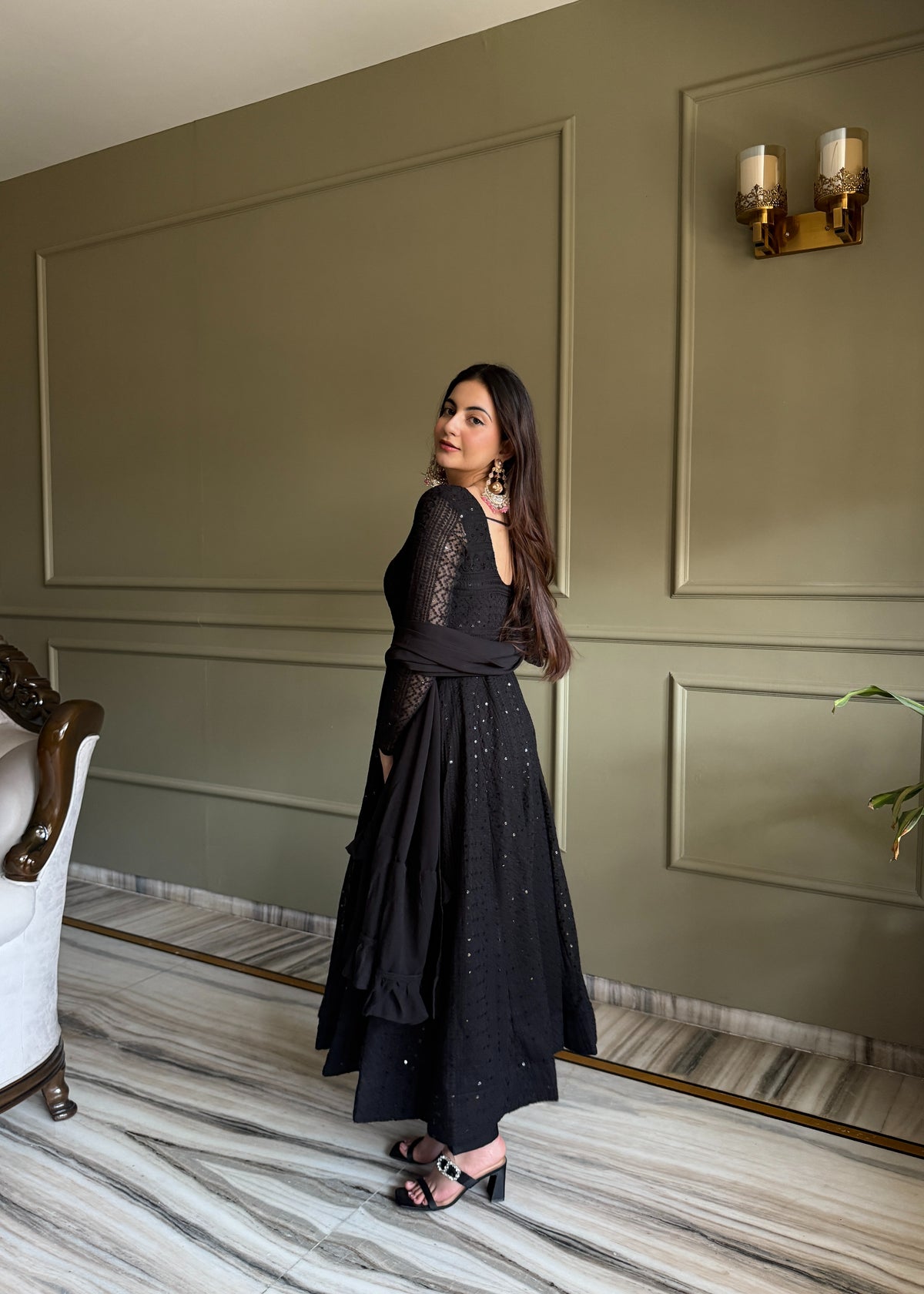 Premium Lukhnowi Fox Georgette Anarkali Suit Set with Sequin & Thread Work