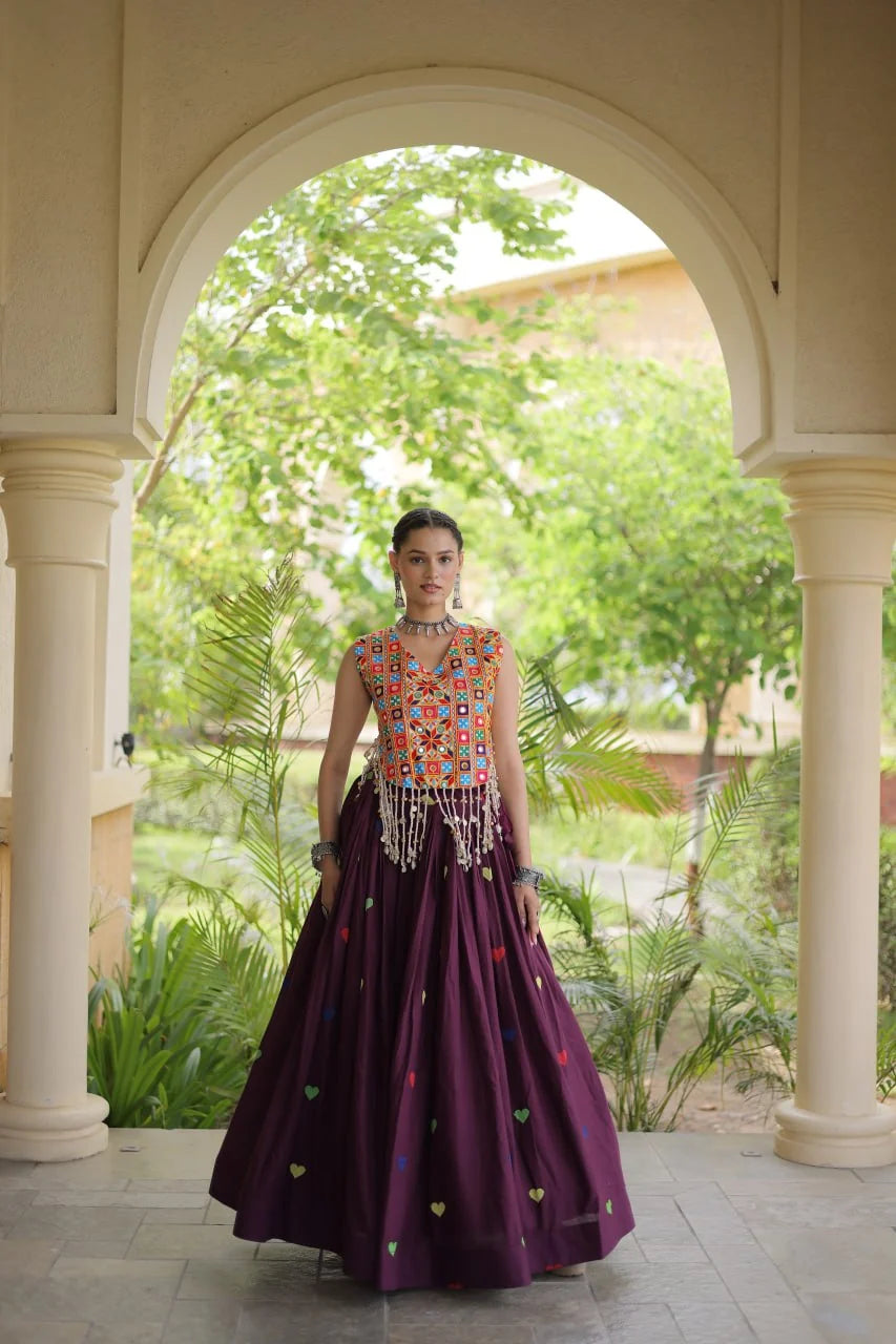 Premium Cora Cotton Navratri Lehenga Choli with Heart Thread Embroidery & Gamthi Mirror Work