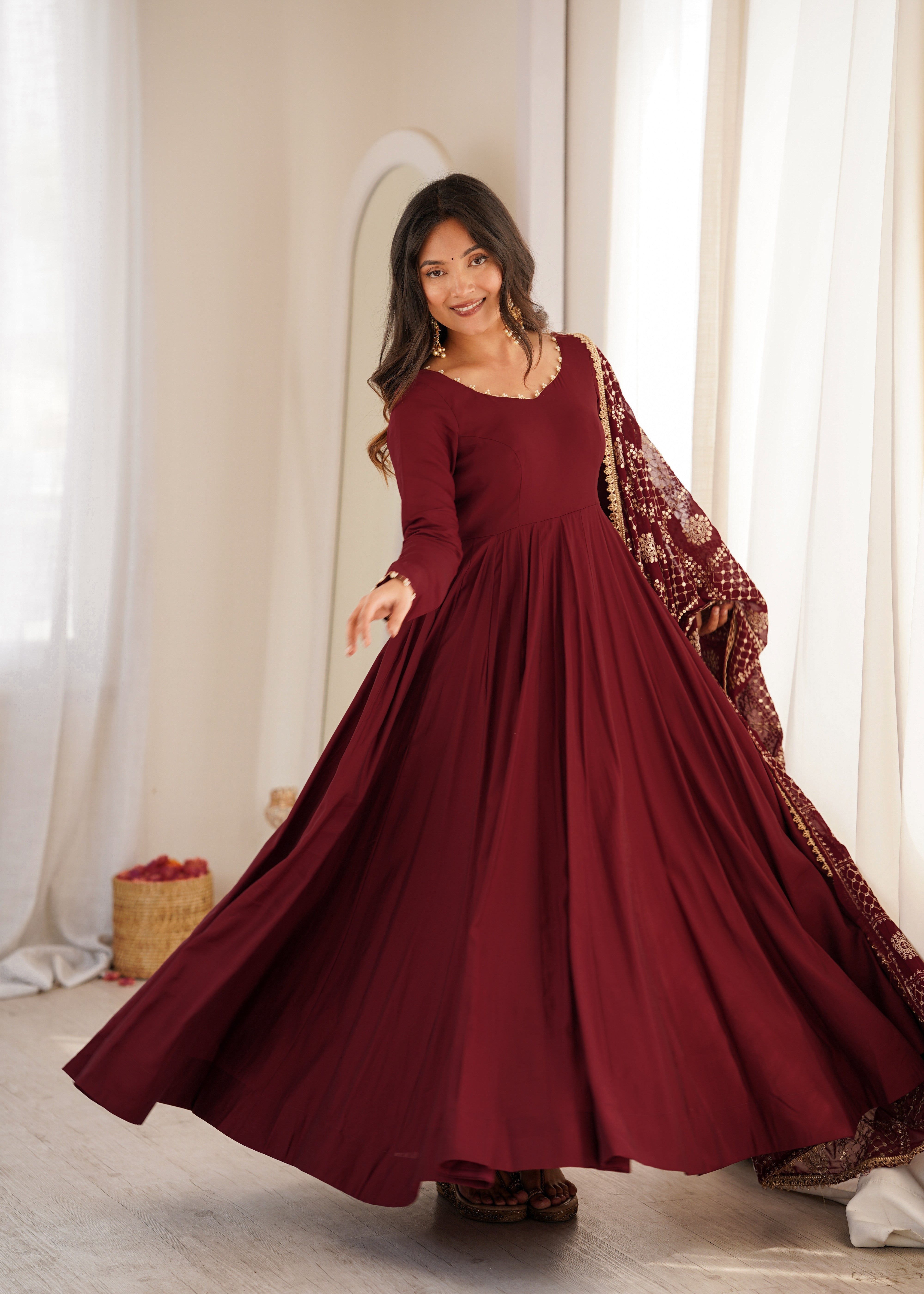 Premium Pure Romansilk Chanderi Fully Flared Anarkali Gown Set