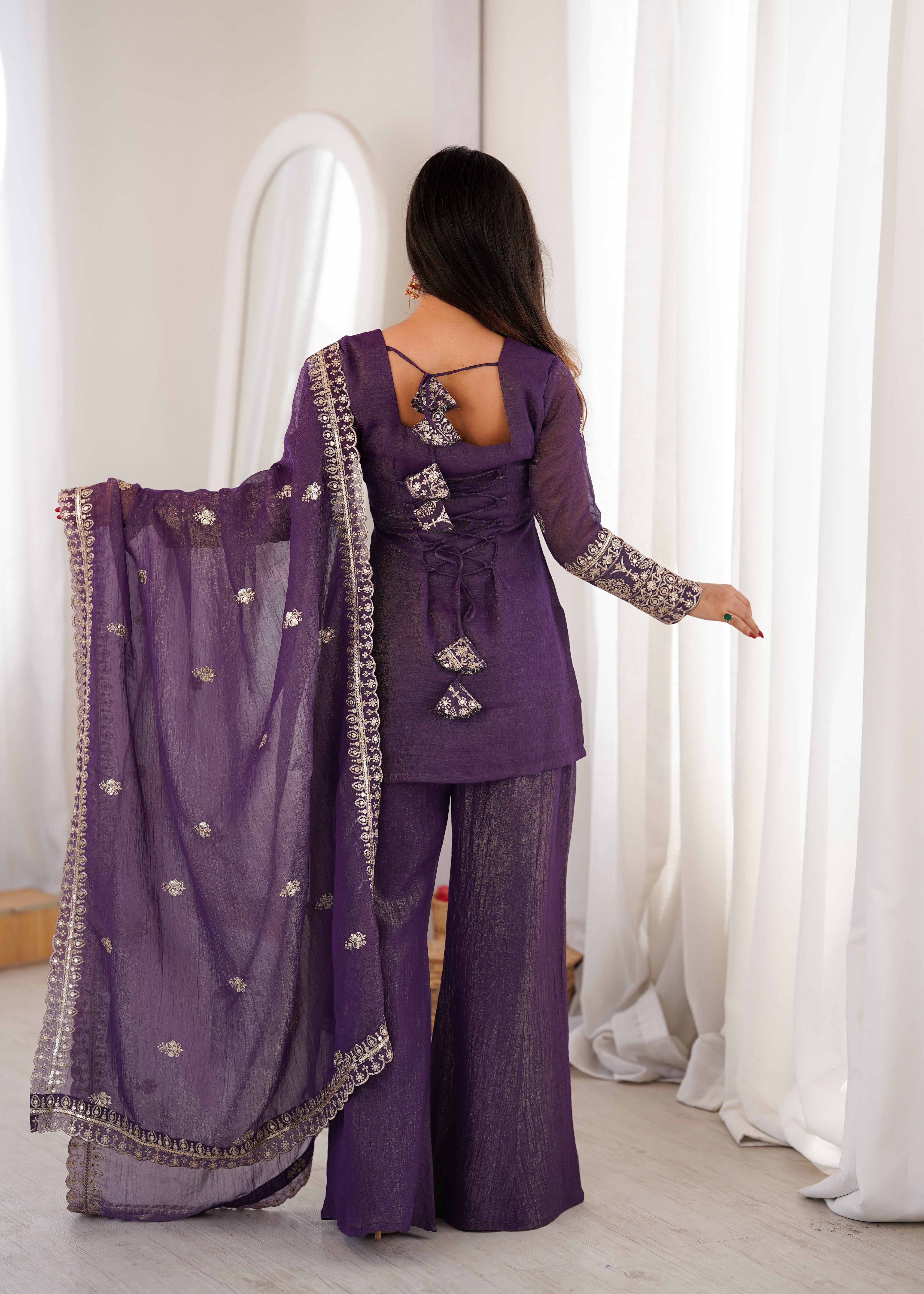Premium Crunchy Silk Embroidered Bell Bottom Set